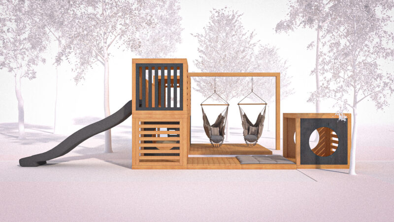 modułowy plac zabaw ze zjeżdżalnią i huśtawkami