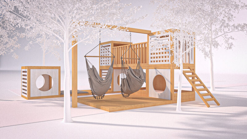 modułowy plac zabaw ze zjeżdżalnią i huśtawkami