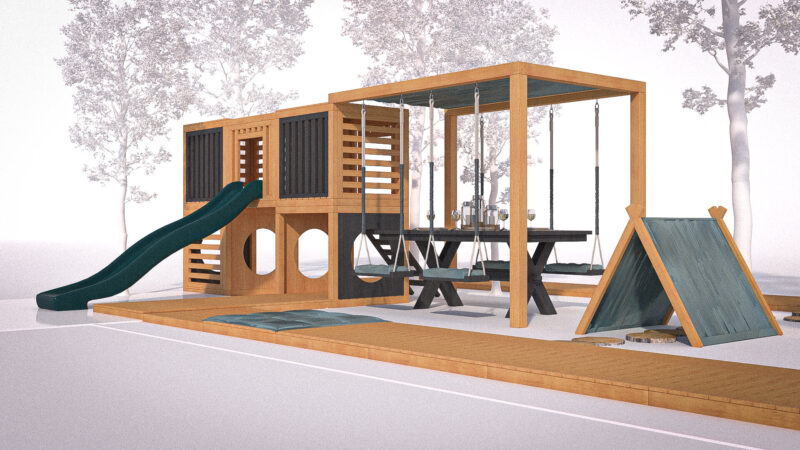 modułowy plac zabaw ze zjeżdżalnią, stołem piknikowym i namiotem