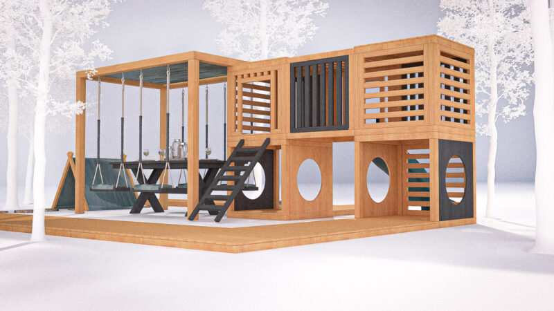 modułowy plac zabaw ze zjeżdżalnią, stołem piknikowym i namiotem
