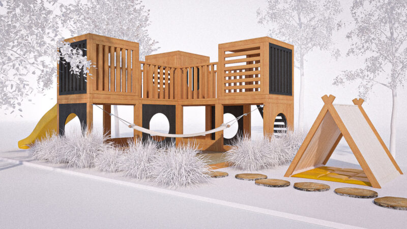 modułowy plac zabaw ze zjeżdżalnią, hamakiem i namiotem