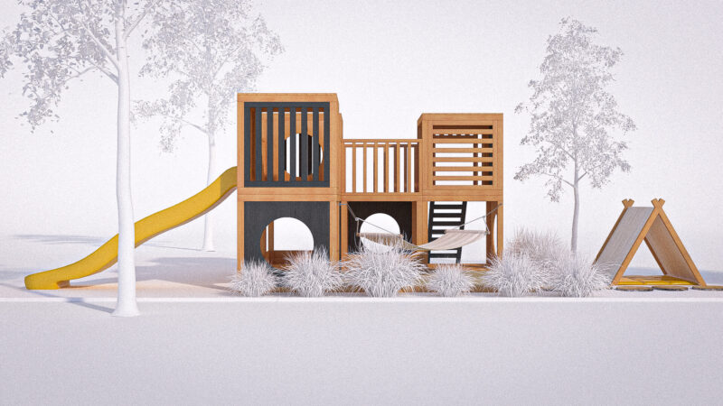 modułowy plac zabaw ze zjeżdżalnią, hamakiem i namiotem