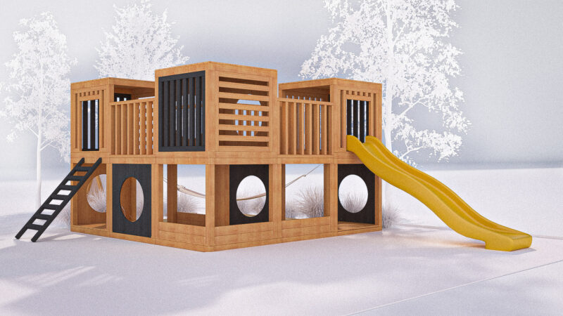 modułowy plac zabaw ze zjeżdżalnią, hamakiem i namiotem