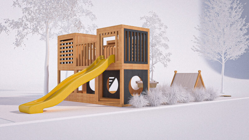 modułowy plac zabaw ze zjeżdżalnią, hamakiem i namiotem