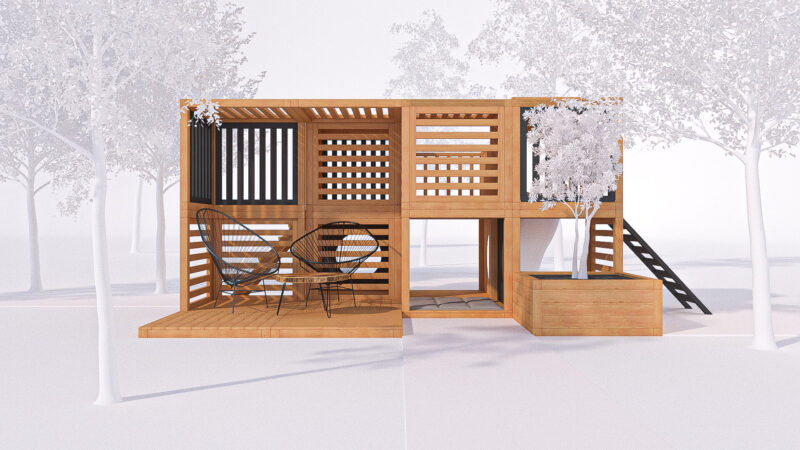 modułowy plac zabaw z fotelami i stolikiem dla dorosłych