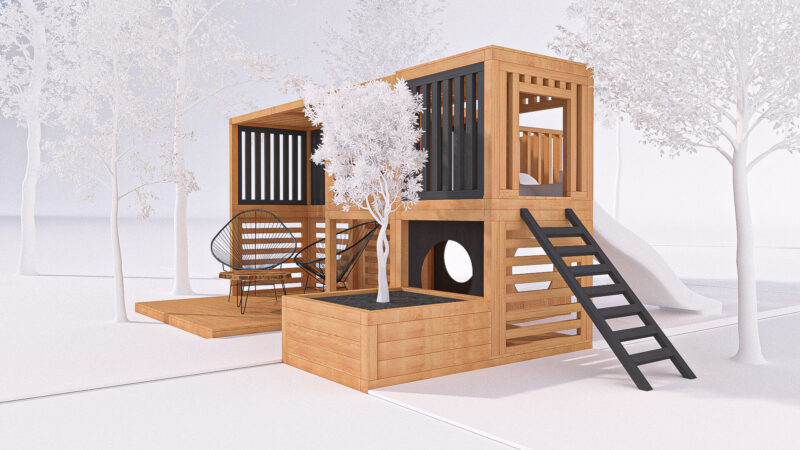 modułowy plac zabaw z przestrzenią dla rodzica wizualizacja