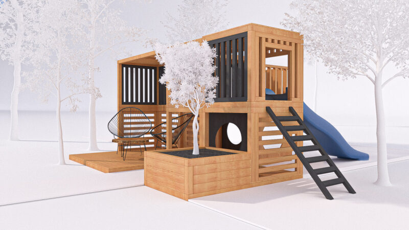 modułowy plac zabaw ze zjeżdżalnią przetrzenią dla rodzica wizualizacja