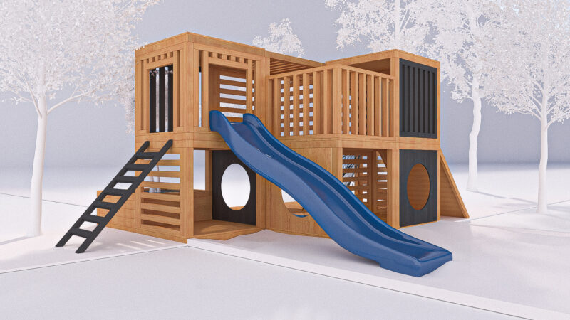 modułowy plac zabaw ze zjeżdżalnią i ścianką wspinaczkową wizualizacja