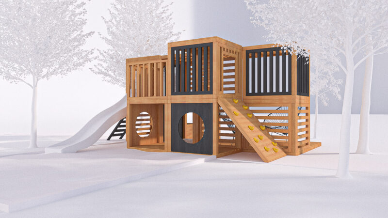 modułowy plac zabaw ze zjeżdżalnią i ścianką wspinaczkową wizualizacja