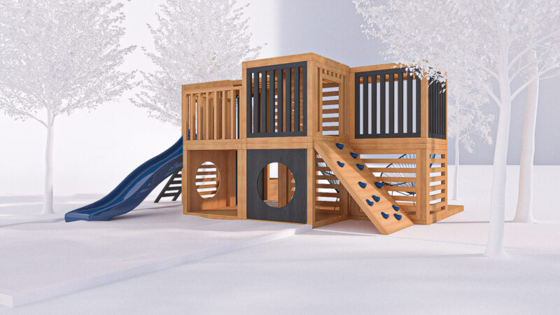 modułowy plac zabaw ze zjeżdżalnią i ścianką wspinaczkową wizualizacja